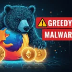 Illustration of a digital bear attacking Bitcoin and Ethereum symbols behind the Firefox logo, warning of GreedyBear malware, with puneripages.in branding.