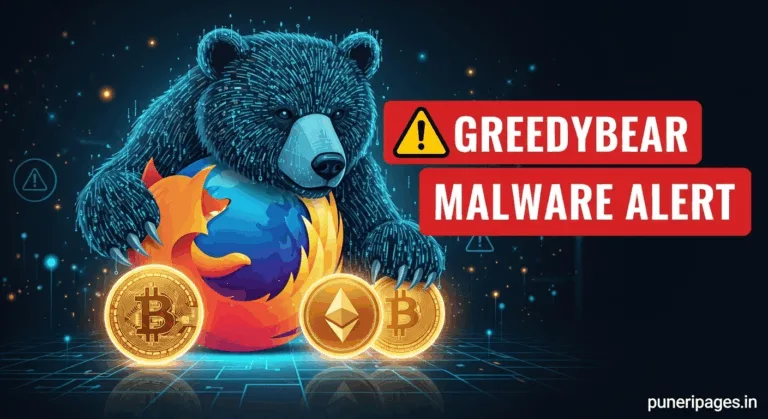 Illustration of a digital bear attacking Bitcoin and Ethereum symbols behind the Firefox logo, warning of GreedyBear malware, with puneripages.in branding.