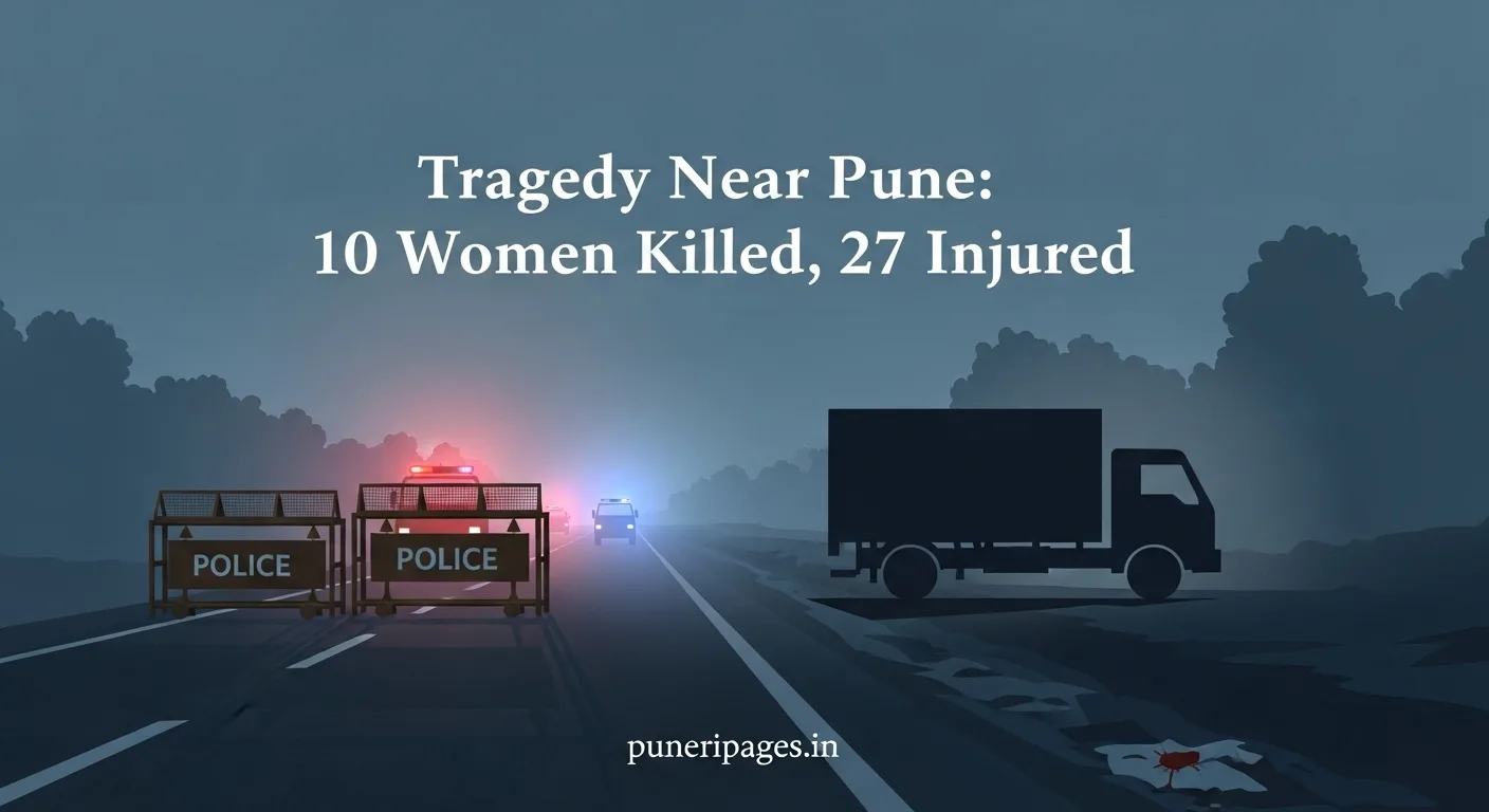 Somber illustration of Pune-Solapur highway accident site with emergency lights and text 'Tragedy Near Pune: 10 Women Killed, 27 Injured' for puneripages.in