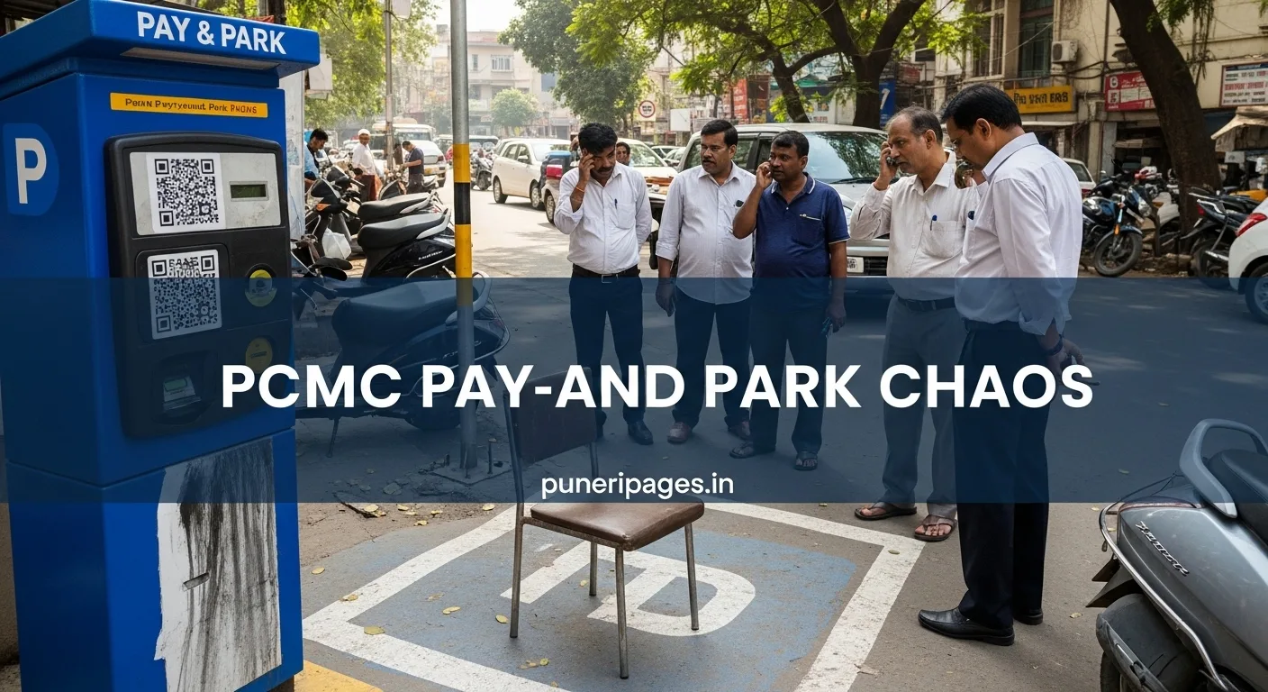 Chaotic PCMC pay-and-park scene in Pimpri-Chinchwad with broken machine and confused drivers.