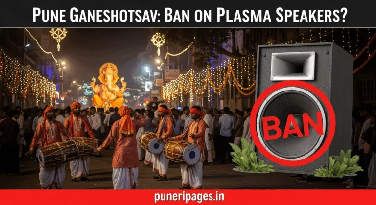 Traditional dhol-tasha players during Pune Ganeshotsav with a symbolic plasma speaker ban sign in the background.