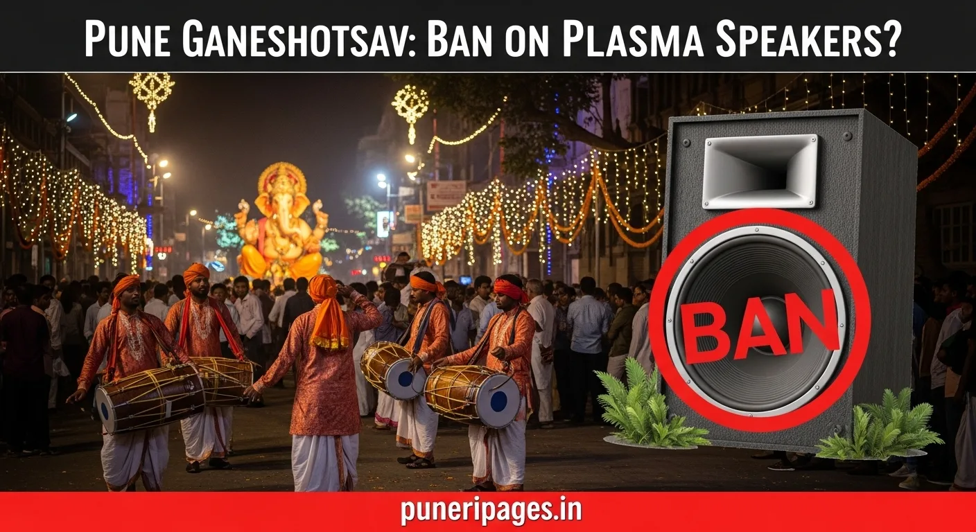 Traditional dhol-tasha players during Pune Ganeshotsav with a symbolic plasma speaker ban sign in the background.