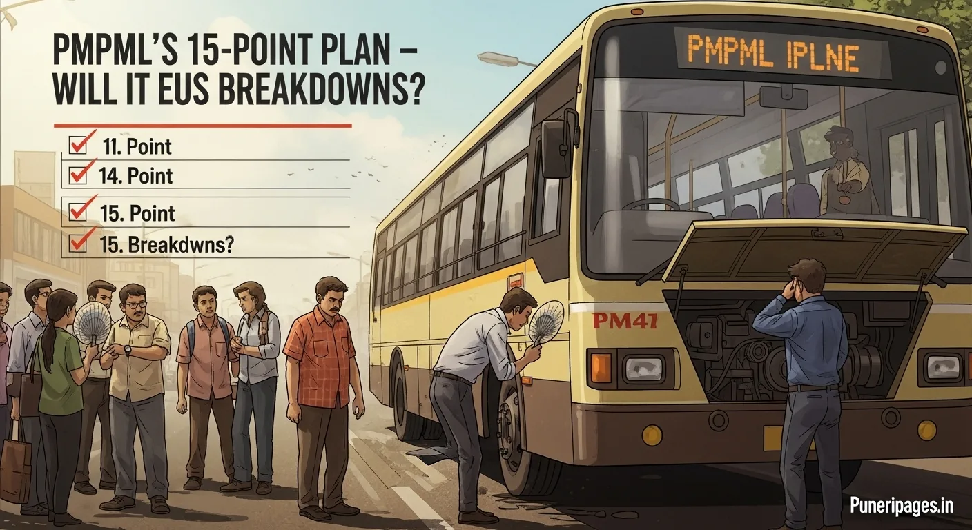Illustration of a broken-down PMPML bus in Pune with passengers waiting and a mechanic checking the engine, featuring text "PMPML's 15-Point Plan – Will It End Bus Breakdowns?" and website name puneripages.in.