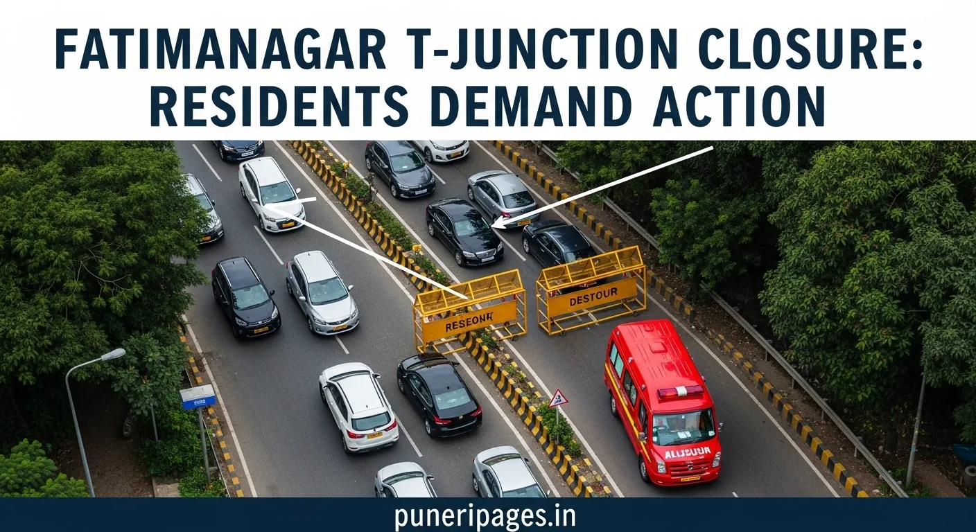 Aerial view of Fatimanagar T-junction closure in Pune with ambulance stuck in traffic and detour congestion, highlighting residents' concerns.