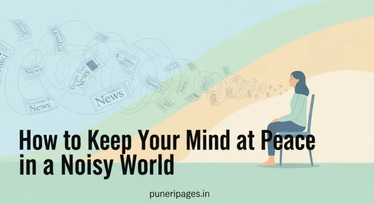 Illustration of a calm person meditating while chaotic news headlines fade into the background, with text “How to Keep Your Mind at Peace in a Noisy World – puneripages.in