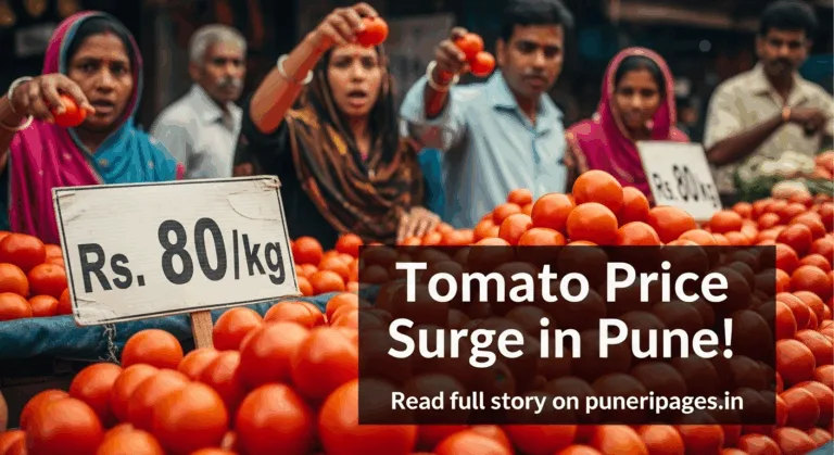 Close-up of ripe tomatoes at a Pune market with an Rs. 80/kg price tag and shocked customers in the background.