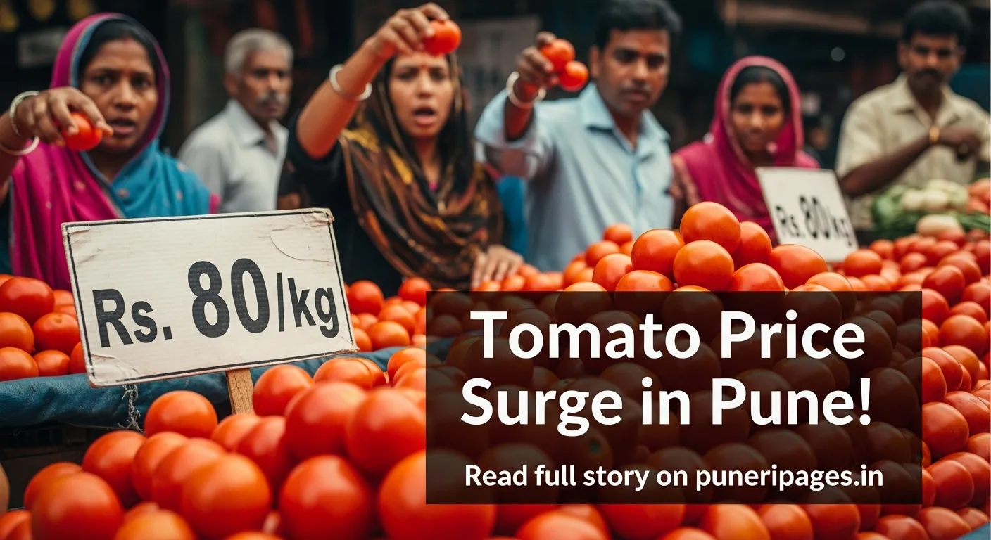 Close-up of ripe tomatoes at a Pune market with an Rs. 80/kg price tag and shocked customers in the background.