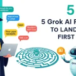 Illustration of a confident student with laptop and AI robot mentor, with text '5 Grok AI Prompts to Land Your First Job' and 'puneripages.in'.