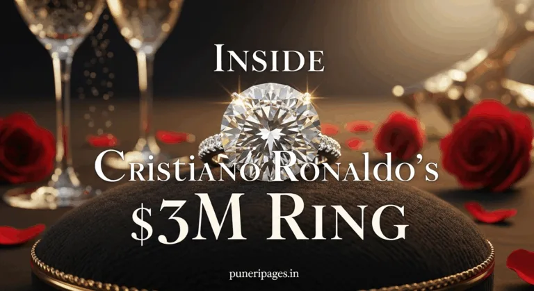 50-carat diamond engagement ring inspired by Cristiano Ronaldo's proposal, with luxury-themed background and puneripages.in branding