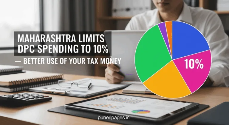 Maharashtra government budget documents and charts illustrating the 10% spending limit for District Planning Committees with puneripages.in logo.