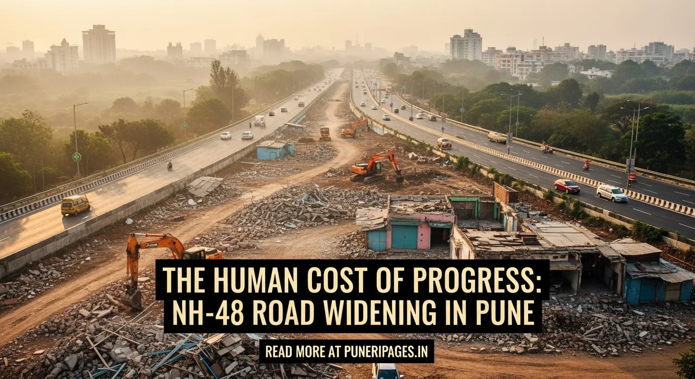 Demolition site with rubble and construction machinery alongside a newly widened service road near Pune’s NH-48 highway, symbolizing urban development and its human impact.
