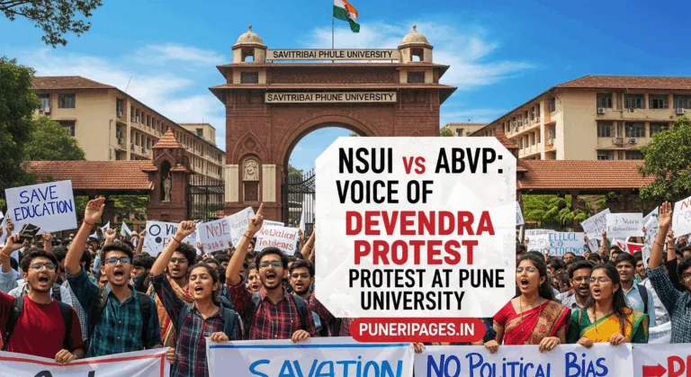 A group of students protesting at Pune University with banners, featuring text "NSUI vs ABVP: Voice of Devendra Protest at Pune University" and "puneripages.in" over a campus backdrop.