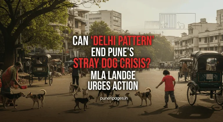A Pune street with stray dogs, a worried parent, and a feeder, featuring text "Can 'Delhi Pattern' End Pune's Stray Dog Crisis? MLA Landge Urges Action" and "puneripages.in" over a hopeful shelter backdrop.