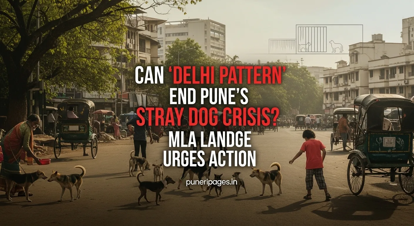 A Pune street with stray dogs, a worried parent, and a feeder, featuring text "Can 'Delhi Pattern' End Pune's Stray Dog Crisis? MLA Landge Urges Action" and "puneripages.in" over a hopeful shelter backdrop.