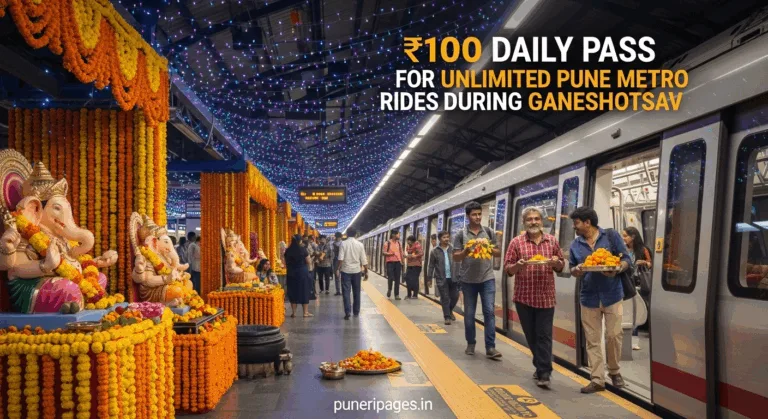 Pune Metro train at a decorated station during Ganeshotsav festival with happy commuters and festive decorations.