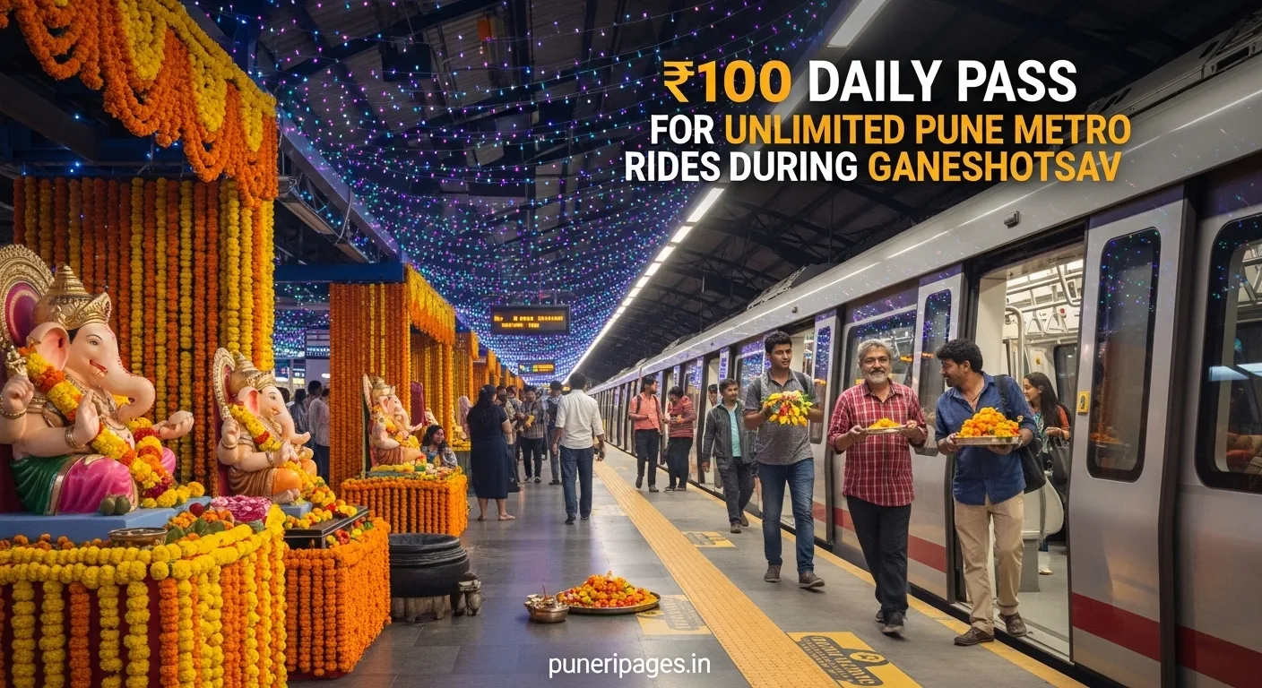 Pune Metro train at a decorated station during Ganeshotsav festival with happy commuters and festive decorations.