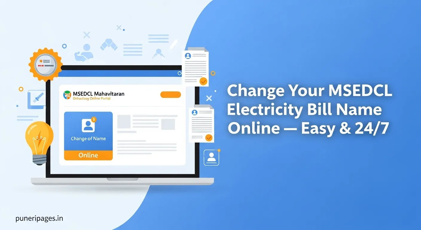 Screenshot-style image of a laptop showing MSEDCL Mahavitaran online portal with “Change of Name” option highlighted, alongside icons for electricity and documents.