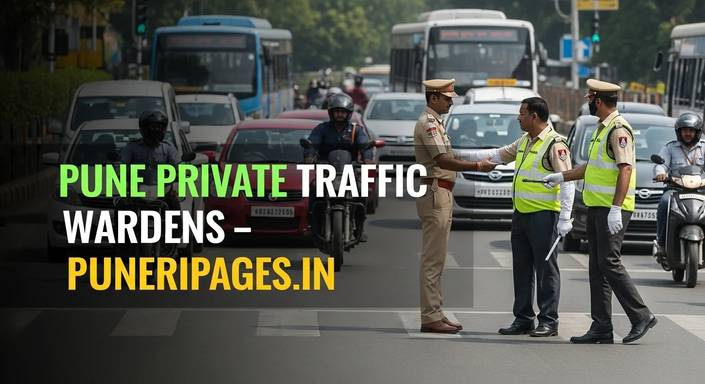 Private traffic wardens assisting Pune police at a busy city intersection.