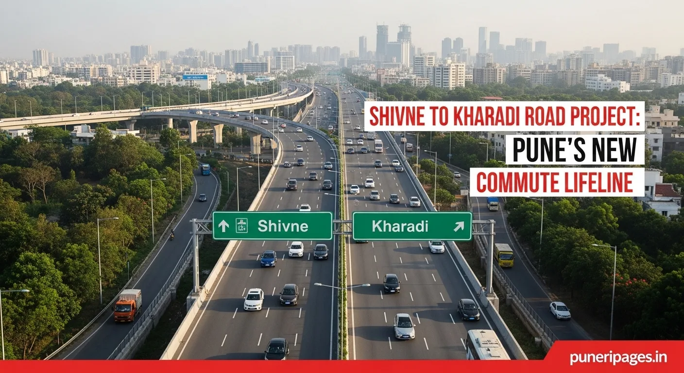 Aerial illustration of Shivne to Kharadi road project in Pune, with highway, traffic, and city skyline