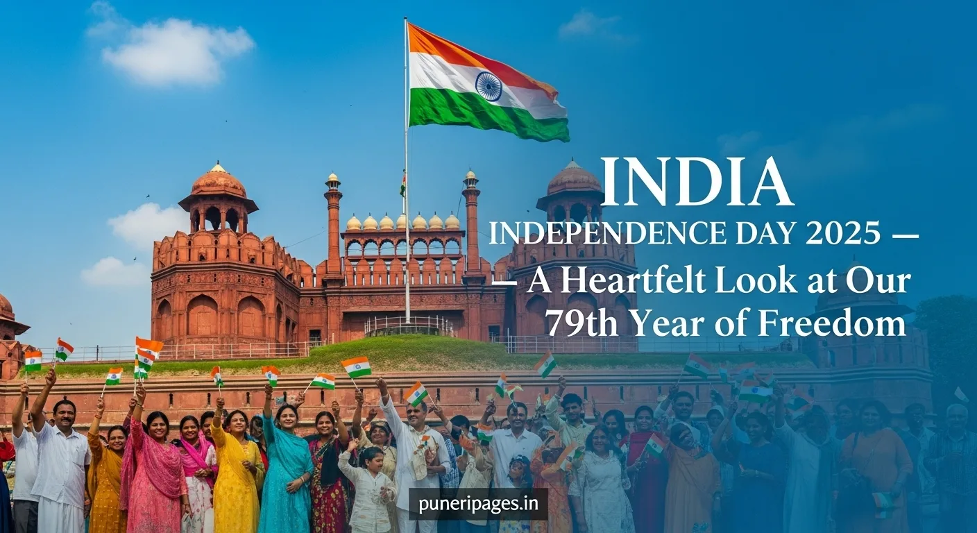 Indian tricolor waving at the Red Fort with citizens celebrating Independence Day 2025, featuring article title and puneripages.in.