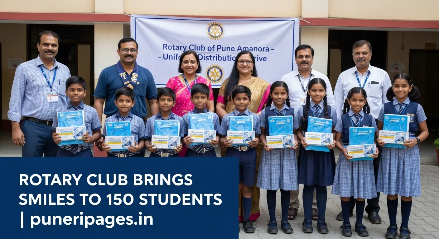Members of Rotary Club of Pune Amanora with Jyotirao Phule School students wearing new uniforms during a distribution event in Hadapsar.