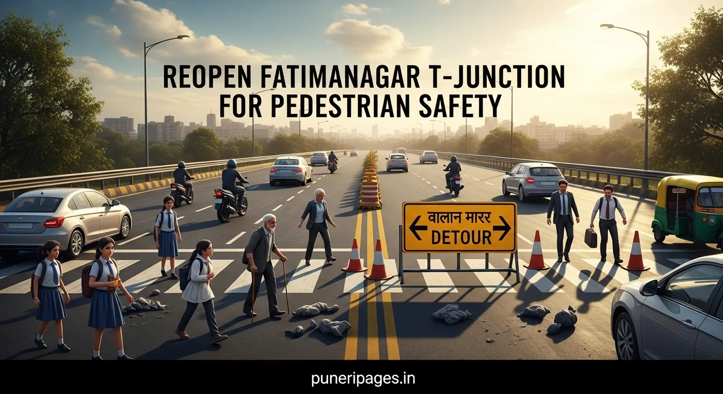 “Pedestrians navigating a closed T-junction near Fatimanagar, Pune with a busy road in the background, highlighting safety concerns – puneripages.in”