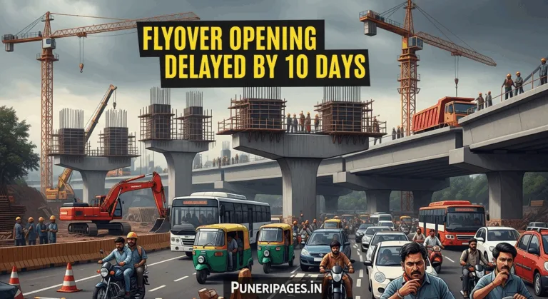 “Ongoing construction on Pune’s Sinhagad Road and University Road flyovers with heavy traffic below, highlighting a 10-day delay – puneripages.in”