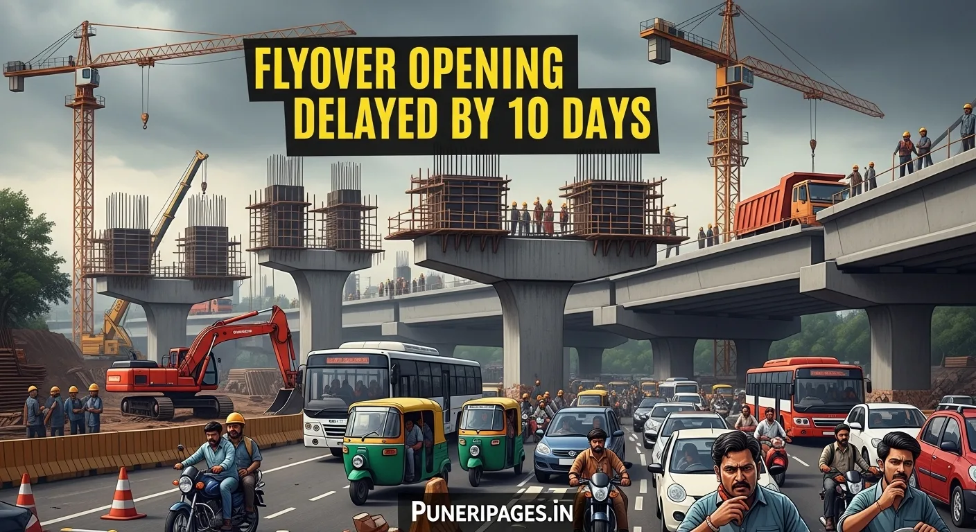 “Ongoing construction on Pune’s Sinhagad Road and University Road flyovers with heavy traffic below, highlighting a 10-day delay – puneripages.in”