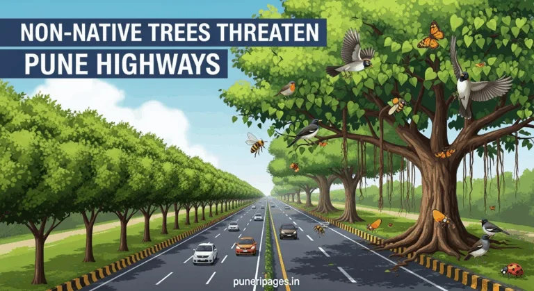 Comparison of non-native Conocarpus plantation versus native Banyan tree on Pune highways, showing impact on local biodiversity – puneripages.in