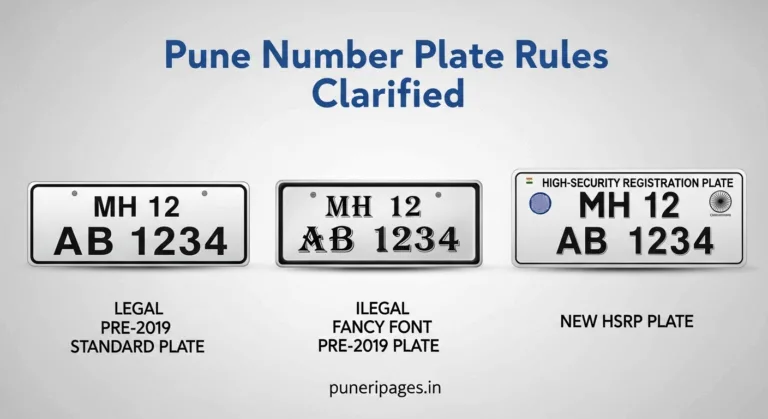 Comparison of legal old number plate, illegal fancy font plate, and new HSRP number plate in Pune – puneripages.in