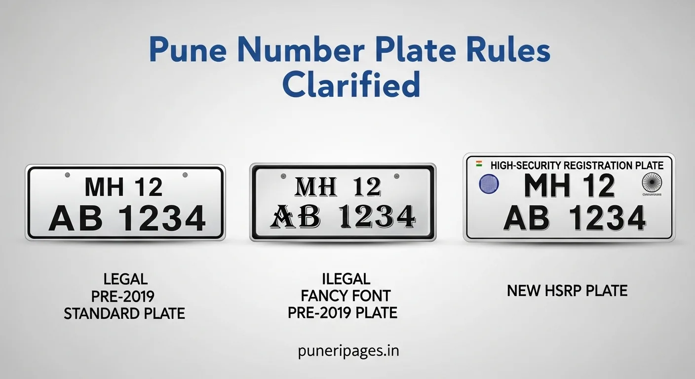 Comparison of legal old number plate, illegal fancy font plate, and new HSRP number plate in Pune – puneripages.in