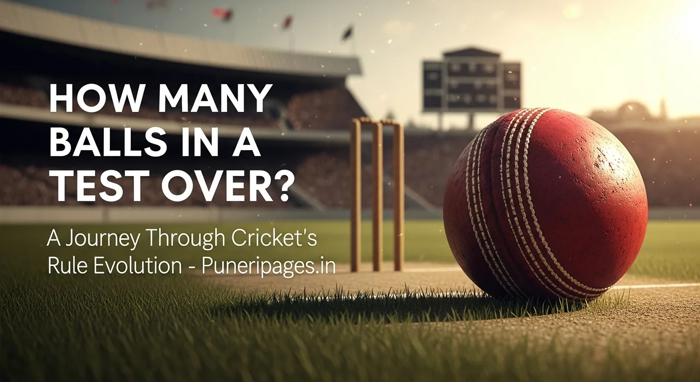 Old red cricket ball on grassy field with text overlay asking about the number of balls in a Test over, representing the history of Test cricket.