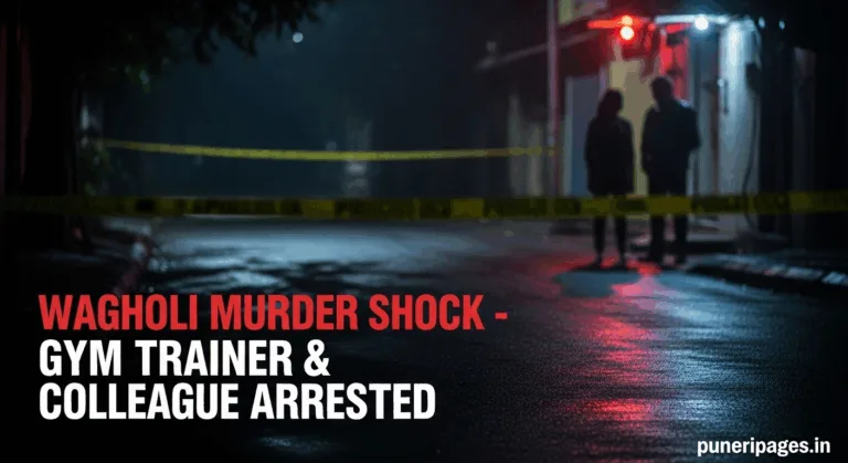 Wagholi murder case article showing a dark street with police tape, silhouettes of suspects, and bold headline text with puneripages.in
