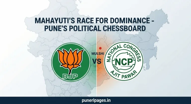 Logos of BJP and NCP with Maharashtra map highlighting Mulshi, representing political competition within Mahayuti alliance.