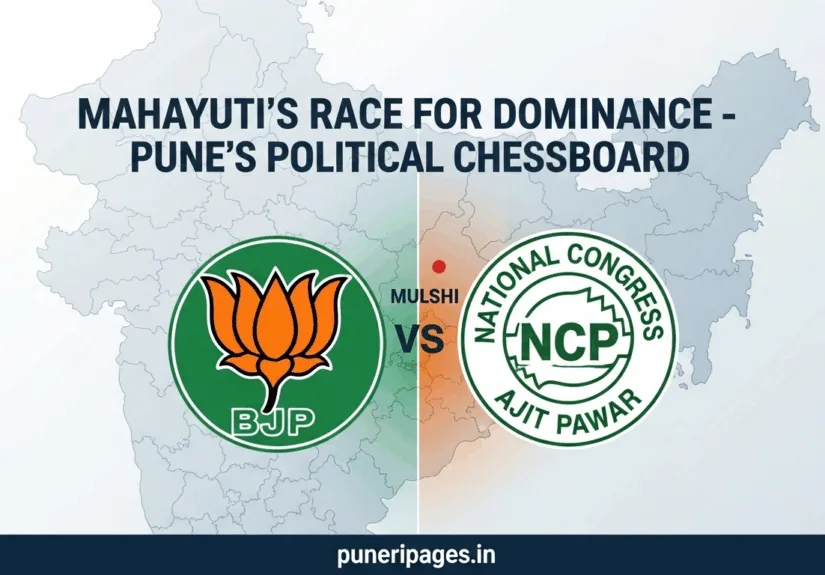 Logos of BJP and NCP with Maharashtra map highlighting Mulshi, representing political competition within Mahayuti alliance.
