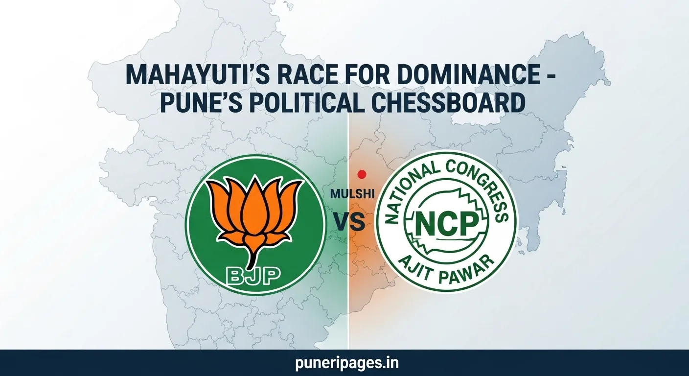 Logos of BJP and NCP with Maharashtra map highlighting Mulshi, representing political competition within Mahayuti alliance.