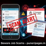 Warning graphic showing fake job offer messages and online task scams, highlighting Pune job fraud cases