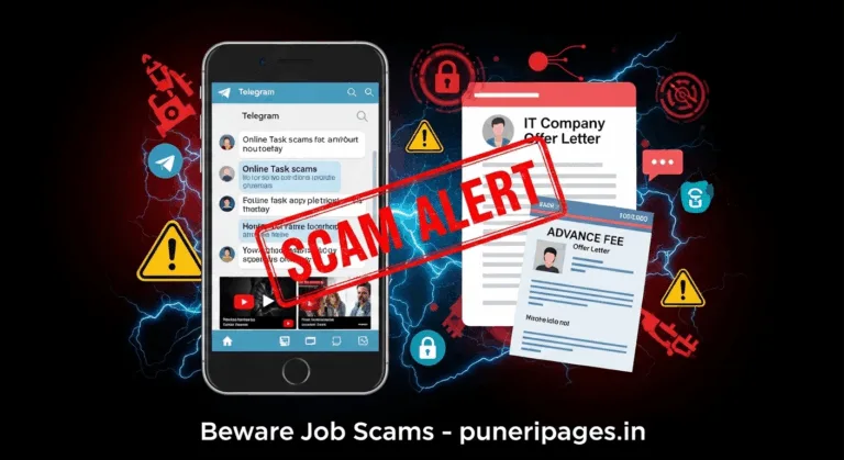 Warning graphic showing fake job offer messages and online task scams, highlighting Pune job fraud cases