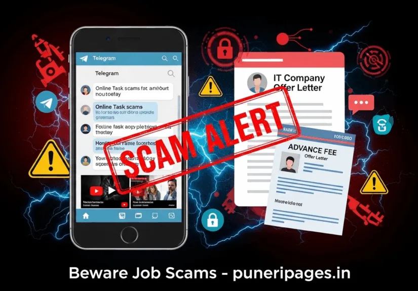 Warning graphic showing fake job offer messages and online task scams, highlighting Pune job fraud cases