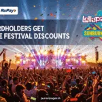 Excited crowd at a major Indian music festival with BookMyShow and RuPay logos, promoting exclusive ticket discounts for Sunburn, Lollapalooza India, and Bandland.