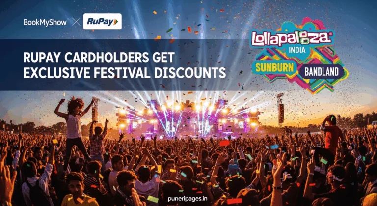 Excited crowd at a major Indian music festival with BookMyShow and RuPay logos, promoting exclusive ticket discounts for Sunburn, Lollapalooza India, and Bandland.