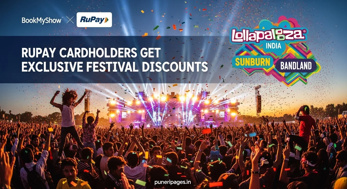 Excited crowd at a major Indian music festival with BookMyShow and RuPay logos, promoting exclusive ticket discounts for Sunburn, Lollapalooza India, and Bandland.