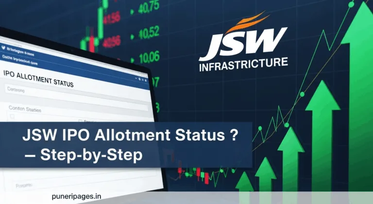 JSW Infrastructure IPO allotment status guide with stock market graphics and puneripages.in branding