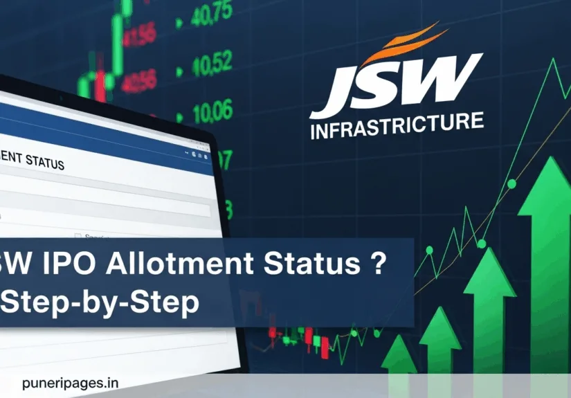 JSW Infrastructure IPO allotment status guide with stock market graphics and puneripages.in branding