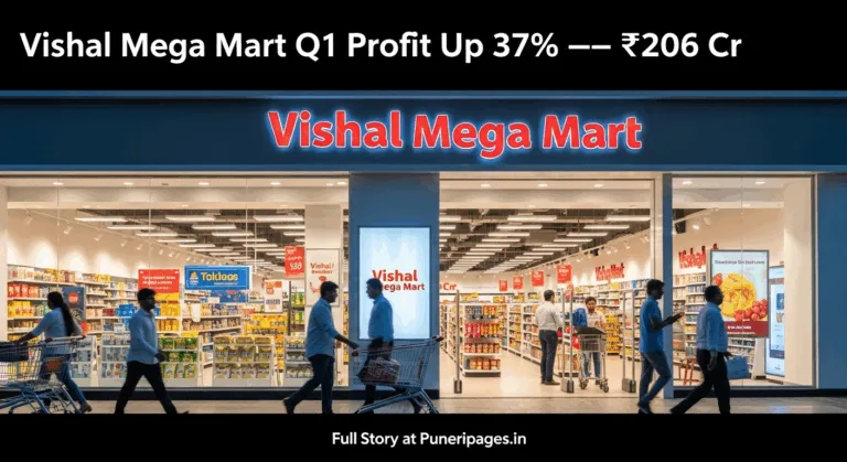Vishal Mega Mart storefront with customers shopping, highlighting 37% Q1 profit growth to ₹206 crore – Puneripages.in