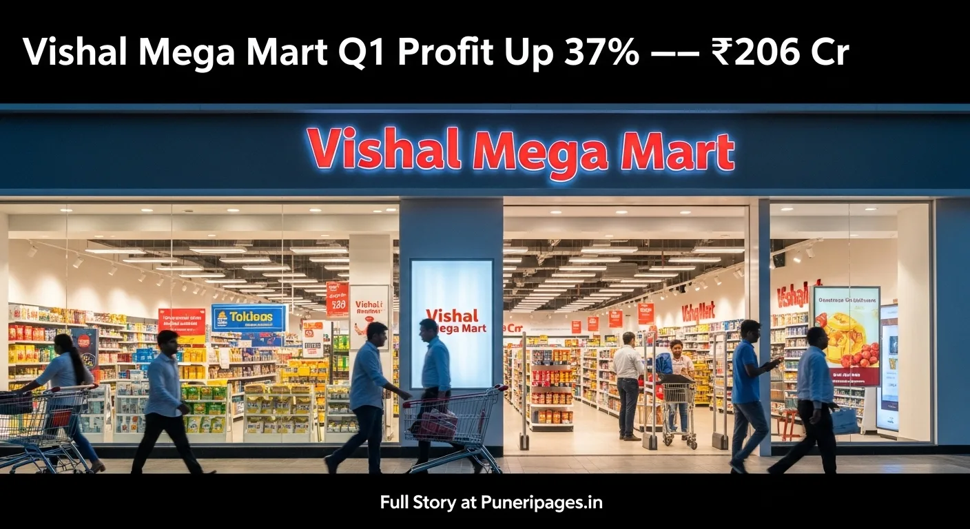 Vishal Mega Mart storefront with customers shopping, highlighting 37% Q1 profit growth to ₹206 crore – Puneripages.in