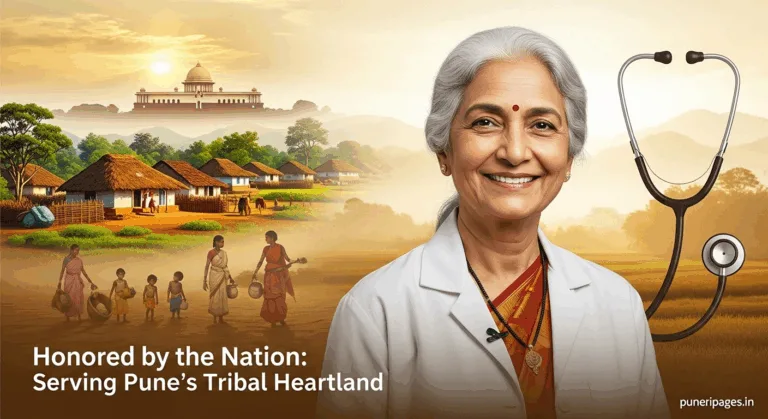 Colonel (Retd) Dr. Vasantha Venugopal, honored by the President for decades of work treating sickle cell anaemia in Pune’s tribal communities, with a backdrop of villages and Rashtrapati Bhavan.