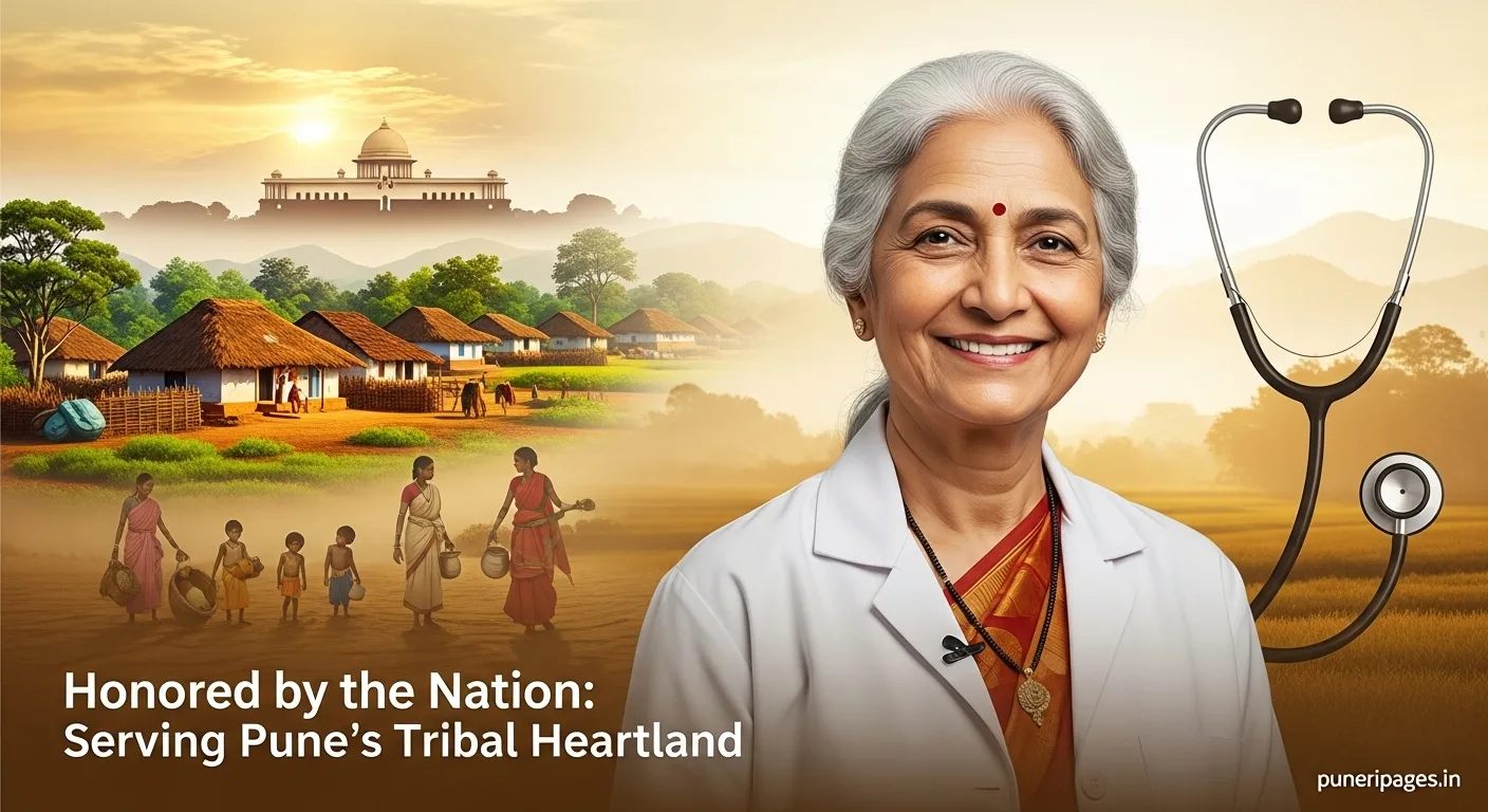 Colonel (Retd) Dr. Vasantha Venugopal, honored by the President for decades of work treating sickle cell anaemia in Pune’s tribal communities, with a backdrop of villages and Rashtrapati Bhavan.