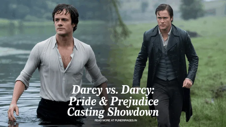 Split-screen of Colin Firth and Matthew Macfadyen portraying Mr. Darcy in Pride and Prejudice with dramatic overlay text about a casting showdown