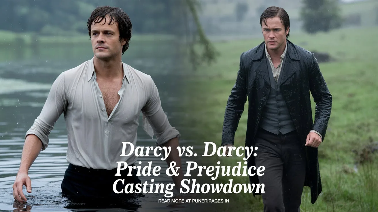 Split-screen of Colin Firth and Matthew Macfadyen portraying Mr. Darcy in Pride and Prejudice with dramatic overlay text about a casting showdown